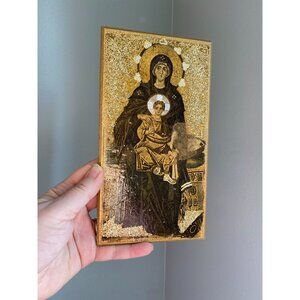 Vintage Orthodox Icon Plaque The Virgin & Child Hagia Sophia Gold Glitter Rectan